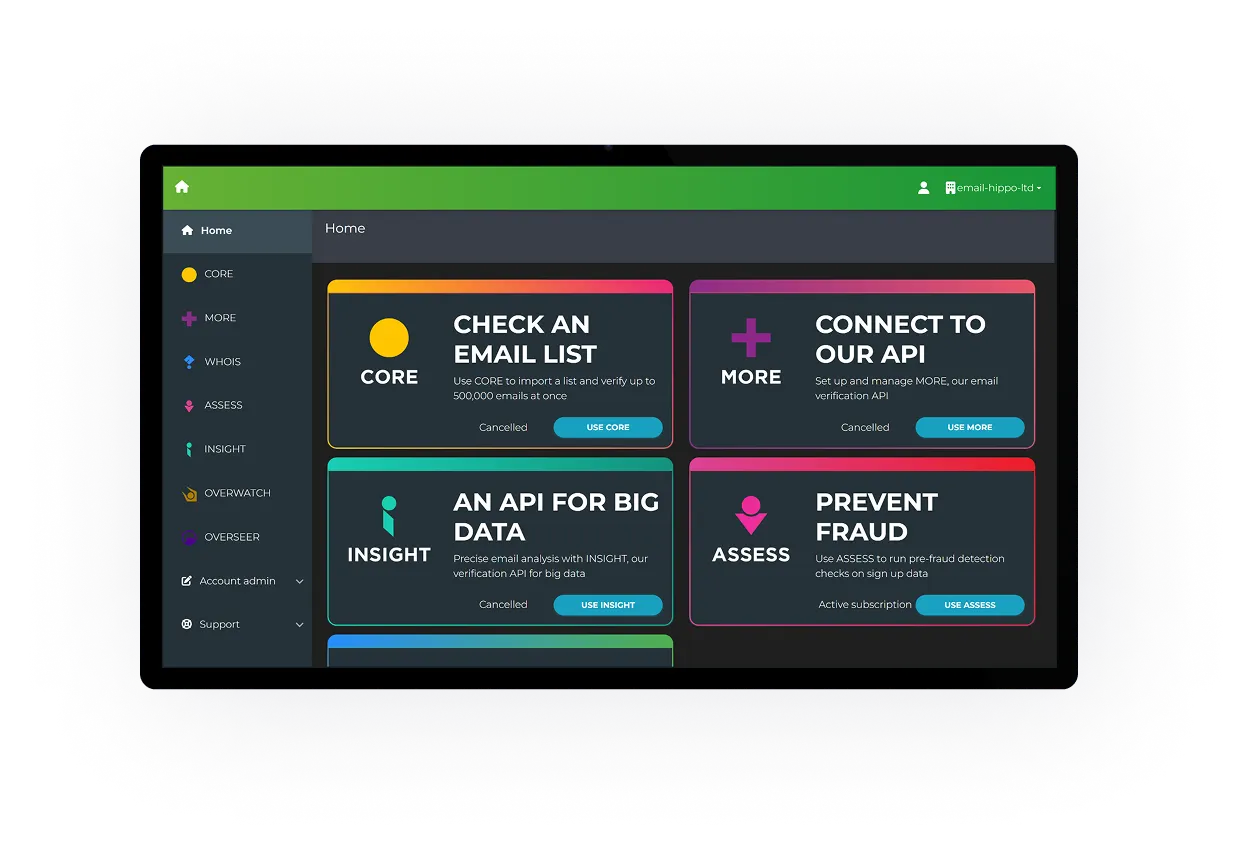 Screenshot of Email Hippo`s dashboard, showcasing main features