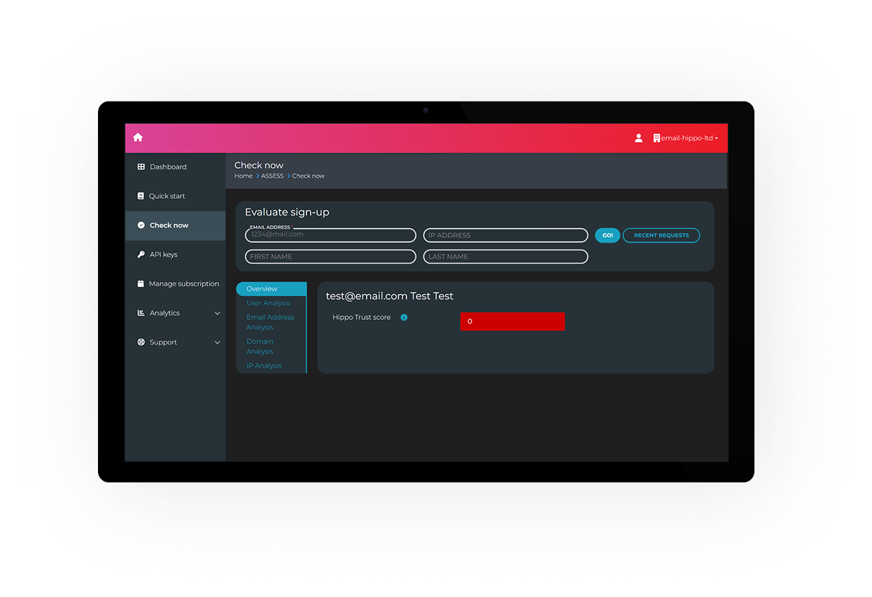 Screenshot of a Email Hippo's interface for evaluating sign-up information