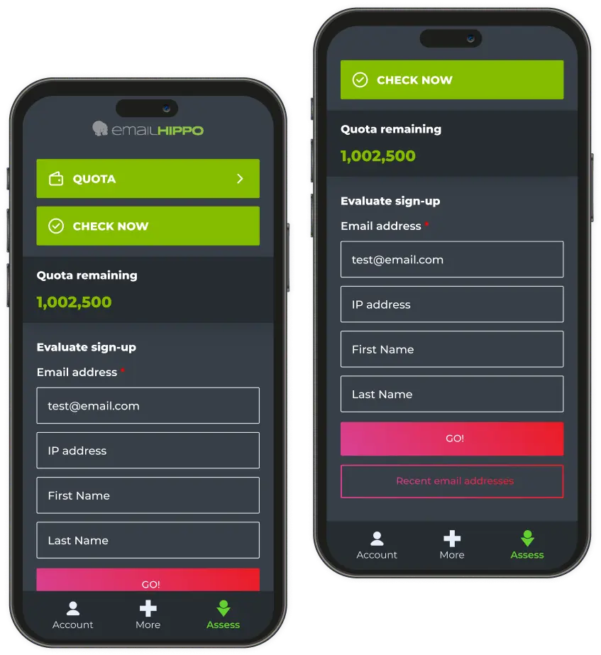 Mobile app screen showing email sign-up evaluation form, quota remaining, and navigation menu
