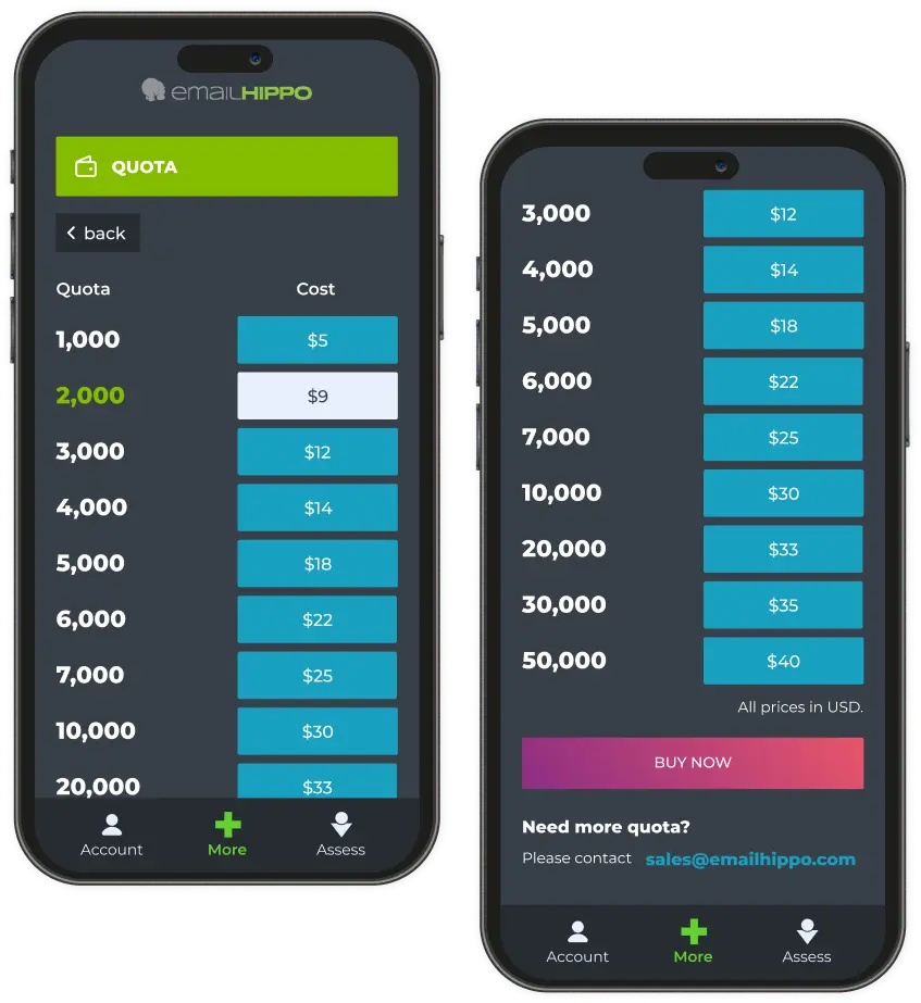Mobile app screen showing quota options with corresponding costs