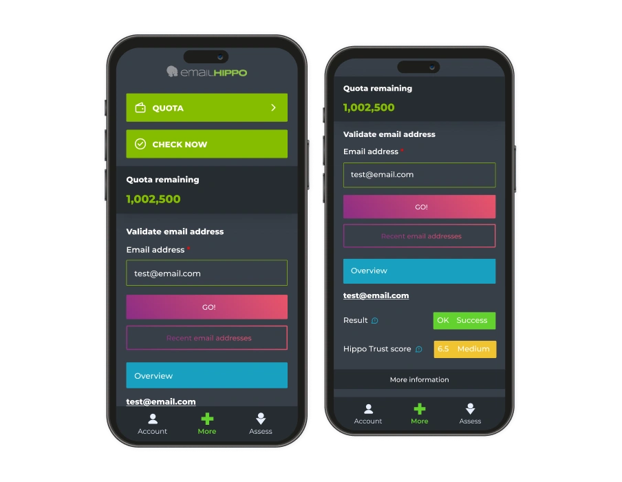 Screenshots of the Email Hippo Mobile application, displaying the main features and interface