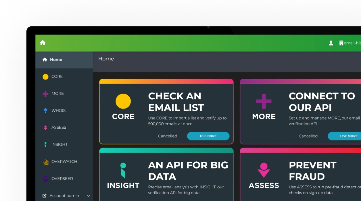 Home page of the Email Hippo web application, displaying the main features and interface