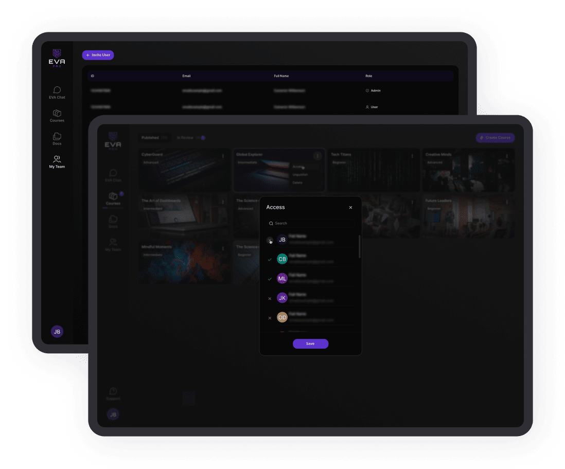 User interface of EVA Pro application. Two overlapping windows show my team and courses pages.