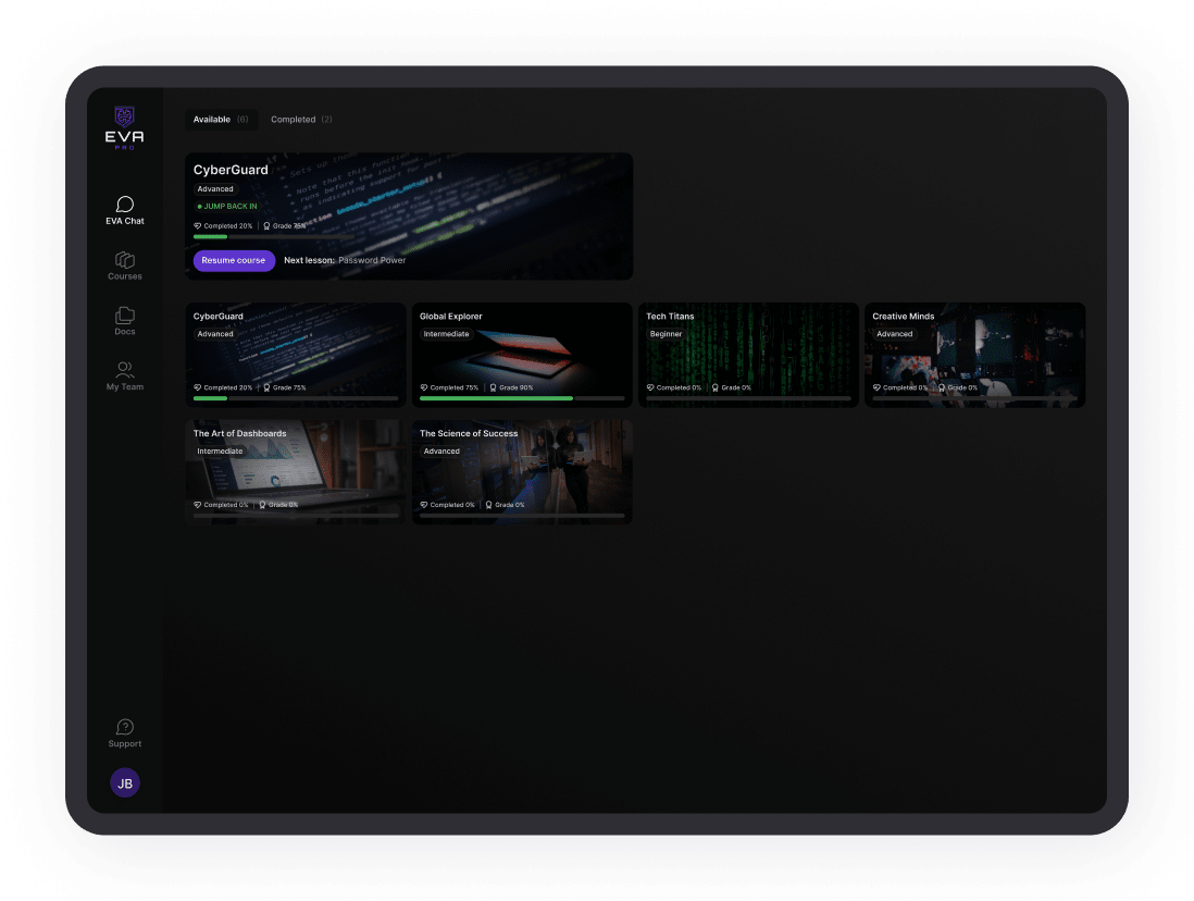 User interface of courses page and sidebar on the left side.