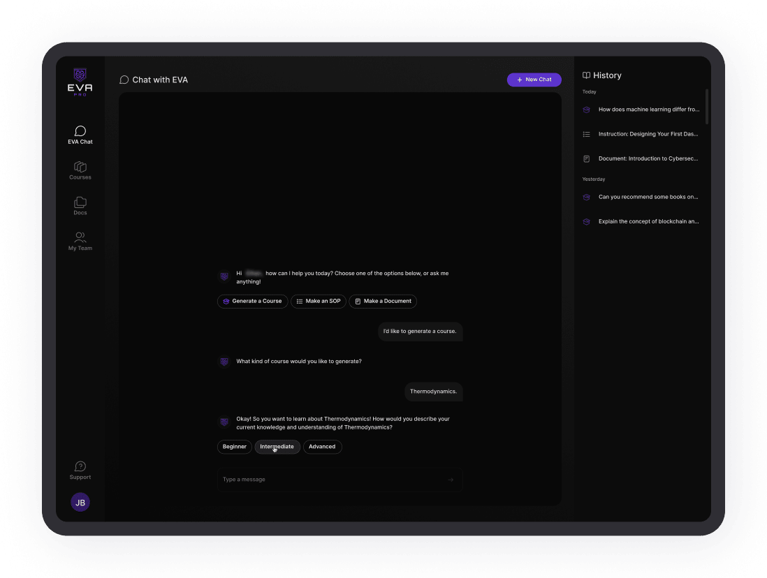 Chat interface with EVA shows a conversation about generating a course. Right panel lists chat history.