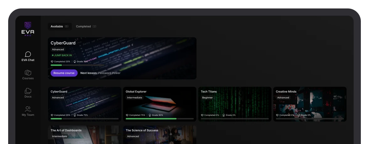 Screenshots of user interface of courses page and sidebar on the left side 