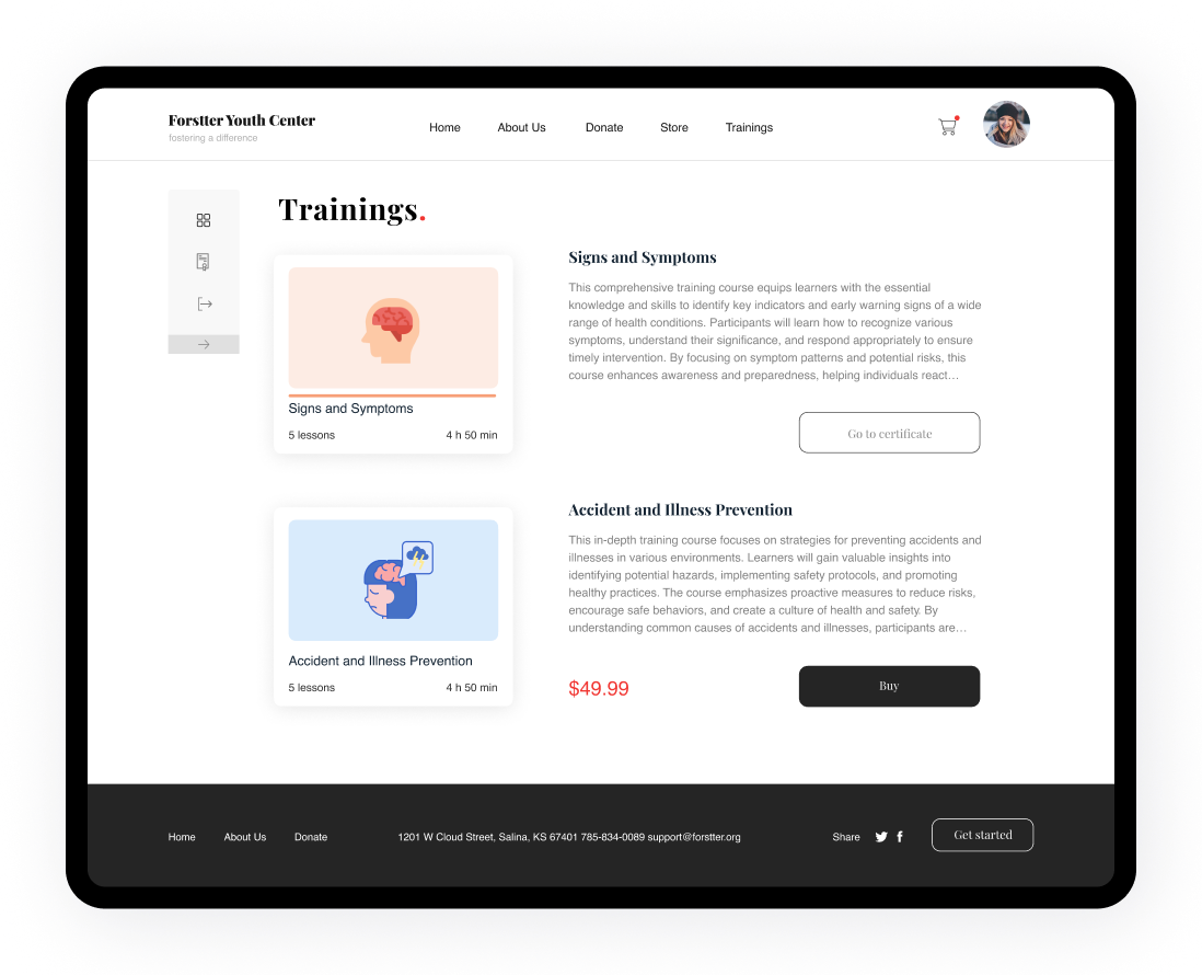 Website showing Forster Youth Center training courses