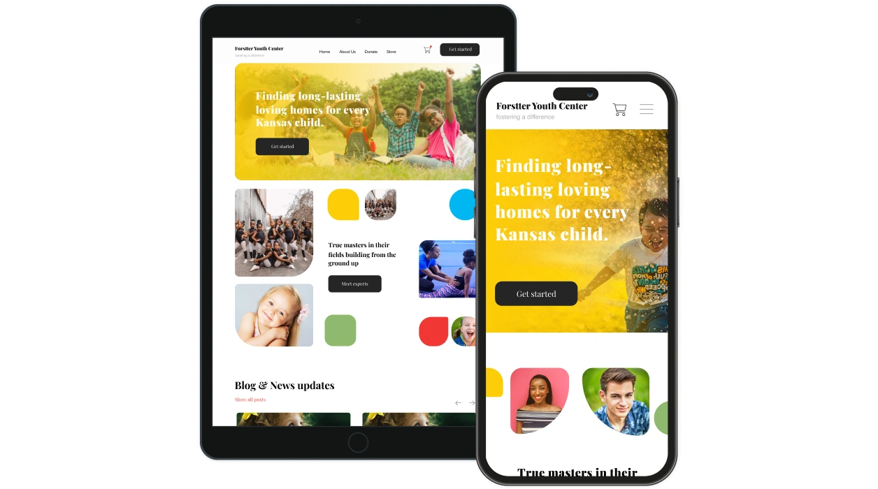 Screenshots of Home page of the Forstter Youth Center, displaying on mobile and tablet devices