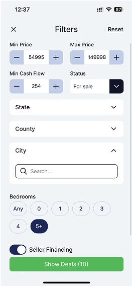 Screenshot of filters in Deal explorer in Section 8 Pro mobile application