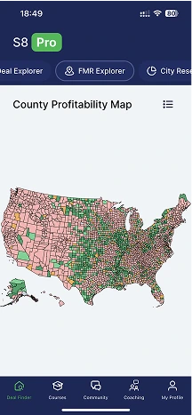 Screenshot of county profitability map in Section 8 Pro mobile application