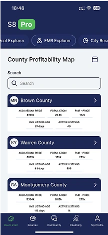 Screenshot of county profitability list in Section 8 Pro mobile application