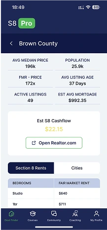Screenshot of individual county profitability detailed information in Section 8 Pro mobile app