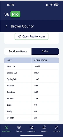 Screenshot of cities population inside of certain county in Section 8 Pro mobile application