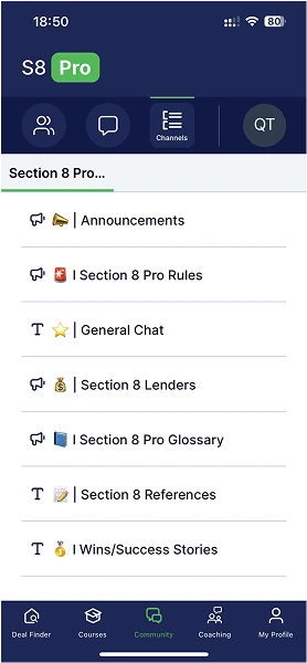 Screenshot of group chats available in Section 8 Pro mobile application