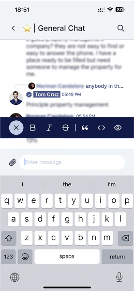 Screenshot of chat interface with highlighted text editing feature in Section 8 Pro mobile app
