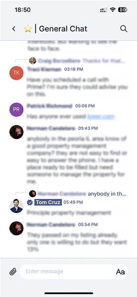 Screenshot of chat room filled with messages in Section 8 Pro mobile application