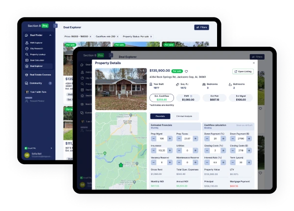 Screenshot of Deal Explorer page and  property details modal in Section 8 Pro web application