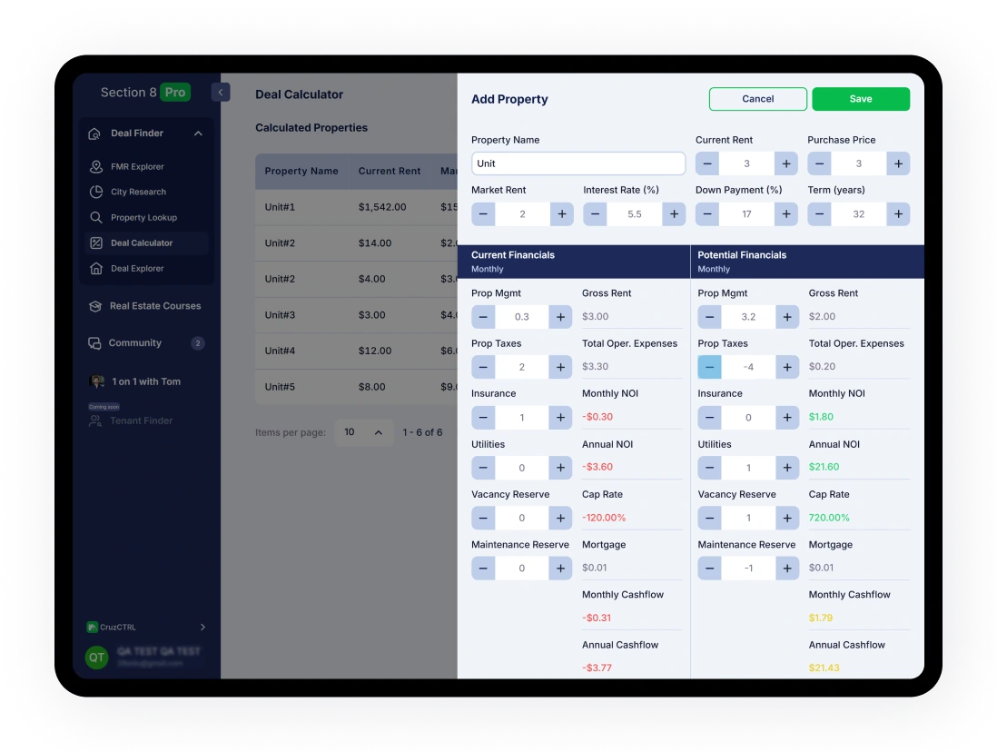 Screenshot of Deal Calculator page featuring table of saved calculations
