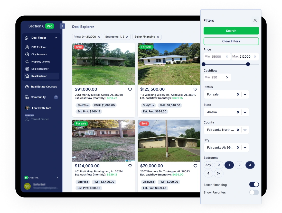 Screenshot of Deal Explorer page with visible and applied filters sidebar in Section 8 Pro web app