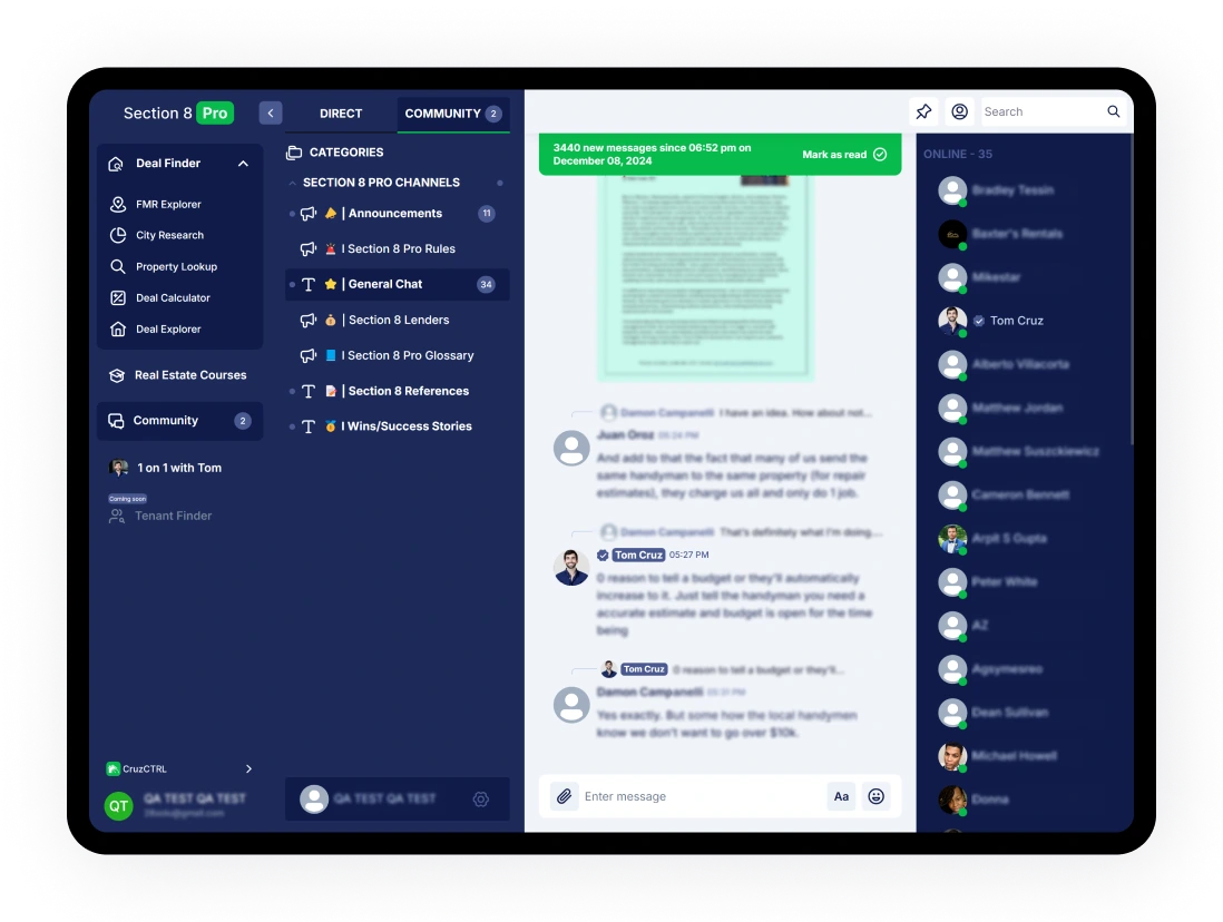Screenshot of chat interface with list of channels, and few messages in Section 8 Pro web app