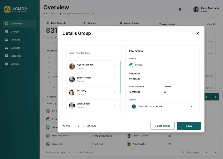 Screenshot of a 'Details Group' modal in a coding academy platform