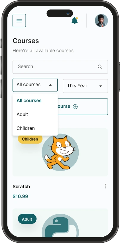 Screenshot of a coding academy's course listing page on a mobile phone