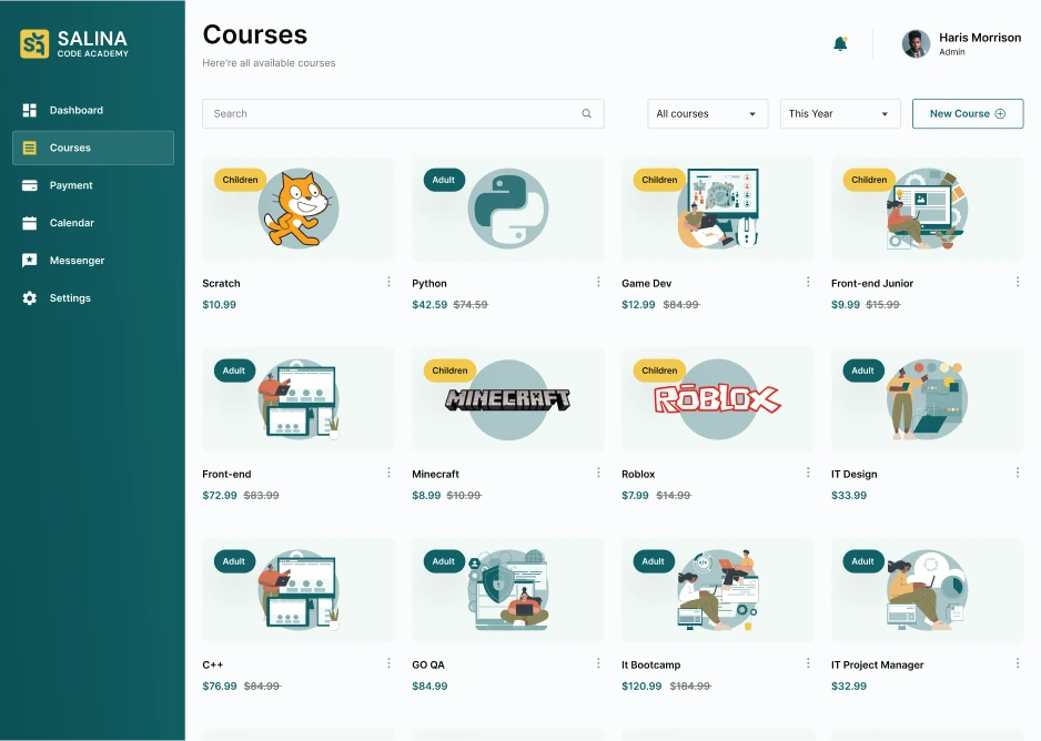Screenshot of the 'Courses' page for Salina Code Academy