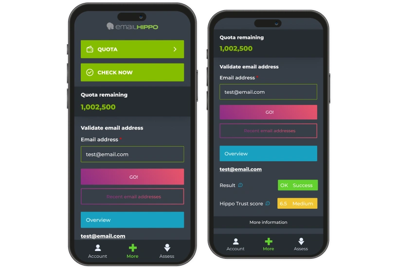 Screenshots showcasing the user interface of Email Hippo mobile application.