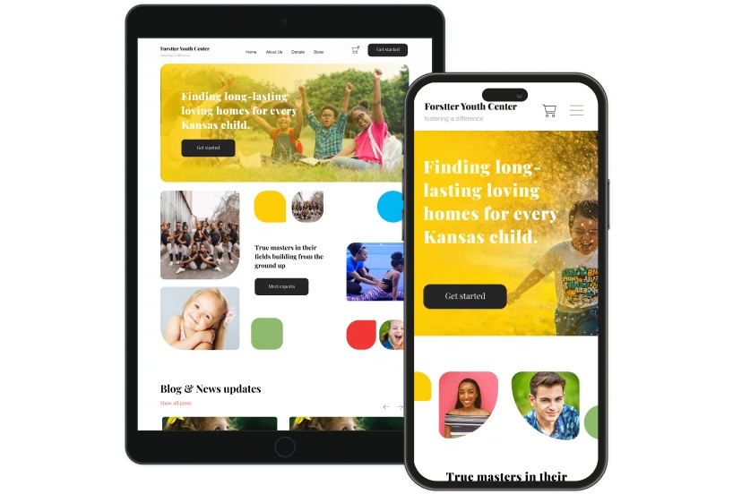 Screenshots showcasing the user interface of a home page on Forstter Youth Center web application, displayed on mobile and tablet devices.