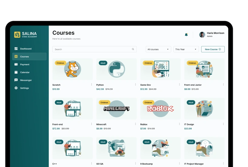 Screenshots showcasing the user interface of a courses page on Salina Code Academy web application.