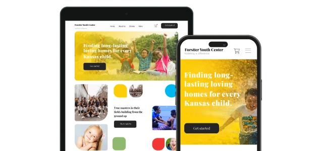 Screenshots showcasing the user interface of a home page on Forstter Youth Center web application, displayed on mobile and tablet devices.