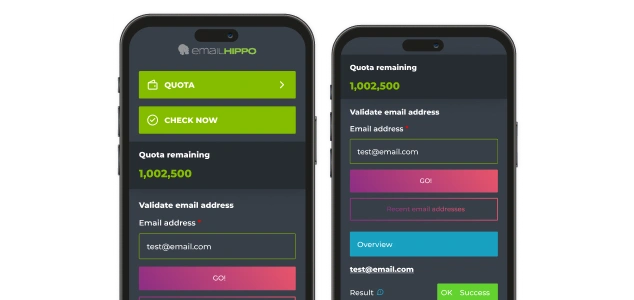 Screenshots showcasing the user interface of Email Hippo mobile application.