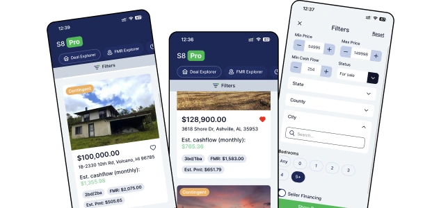 Screenshots showcasing the user interface of a real estate investment Section 8 Pro mobile app