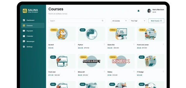 Screenshots showcasing the user interface of a courses page on Salina Code Academy web application.
